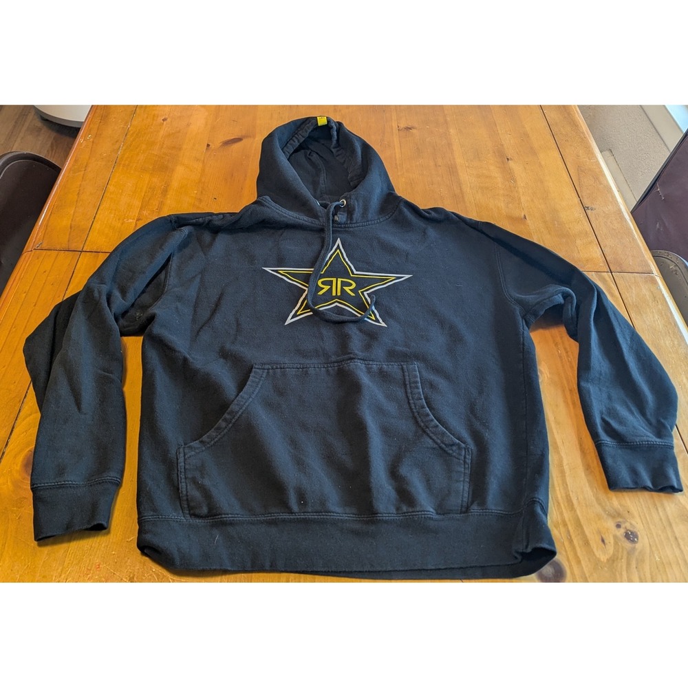 Vintage Y2K Rockstar Energy‎ Drink Hoodie Mens Large Black Graphic Pullover